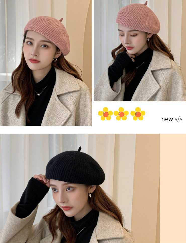 Fashion Black Knitted Wool Solid Color Octagonal Beret,Knitting Wool Hats