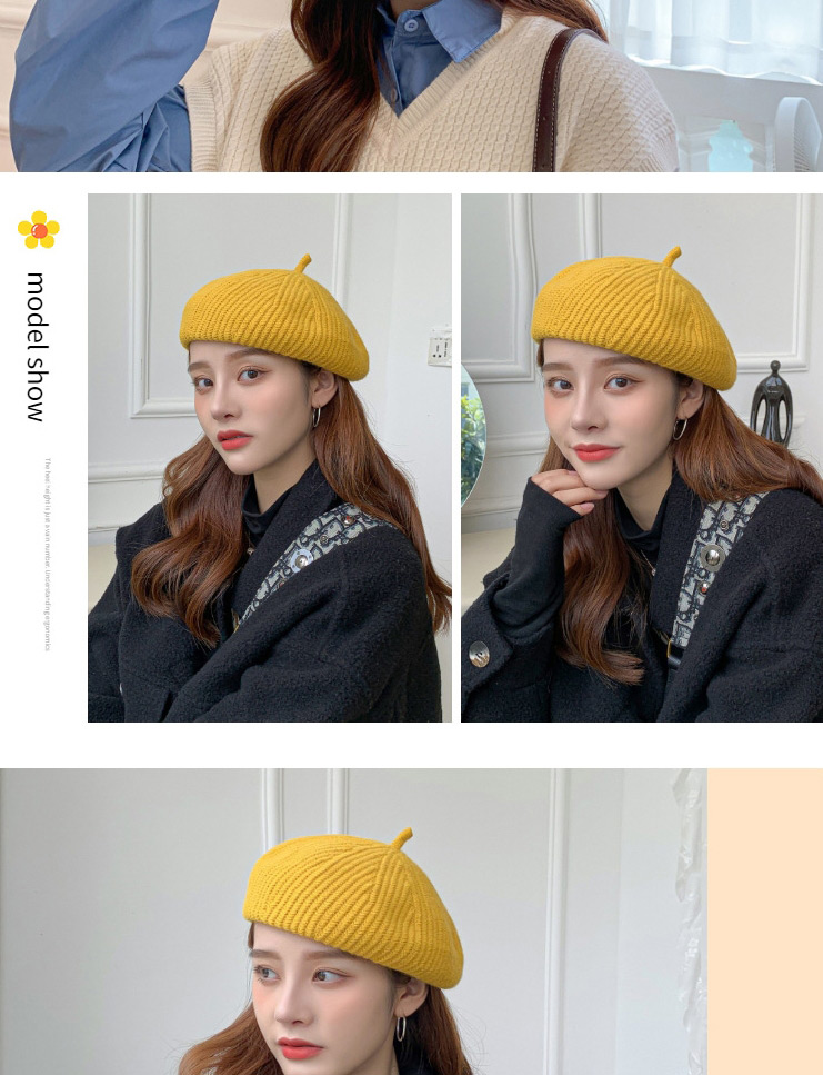 Fashion Turmeric Knitted Wool Solid Color Octagonal Beret,Knitting Wool Hats