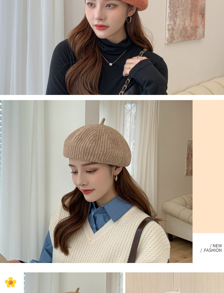 Fashion Khaki Knitted Wool Solid Color Octagonal Beret,Knitting Wool Hats