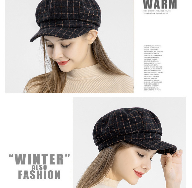 Fashion Black Check Stitching Octagonal Beret,Knitting Wool Hats