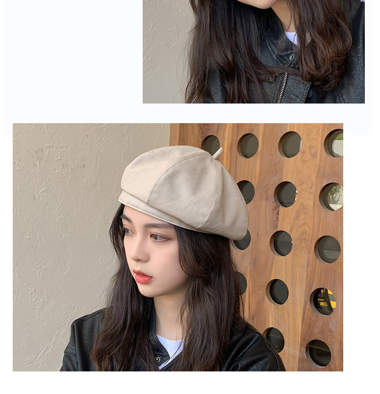 Fashion Khaki Leather Solid Color Stitching Octagonal Beret,Knitting Wool Hats