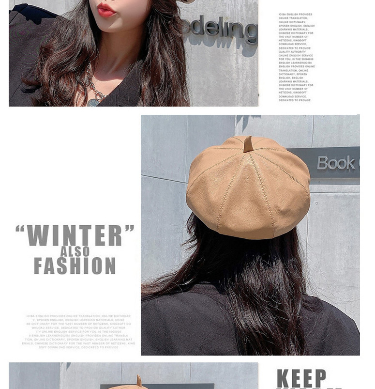 Fashion Beige Leather Solid Color Stitching Octagonal Beret,Knitting Wool Hats