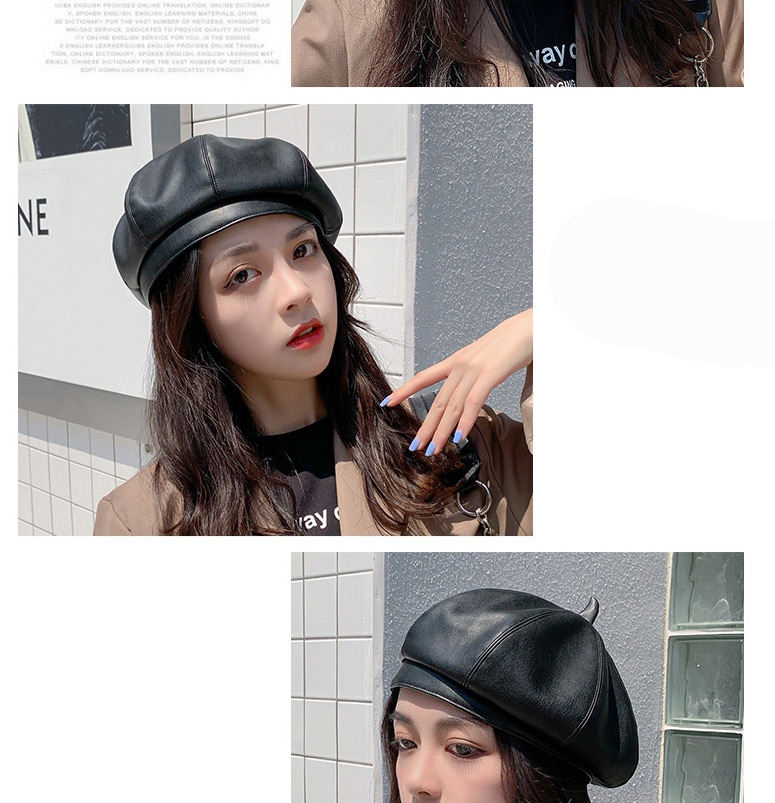 Fashion Black Leather Solid Color Stitching Octagonal Beret,Knitting Wool Hats