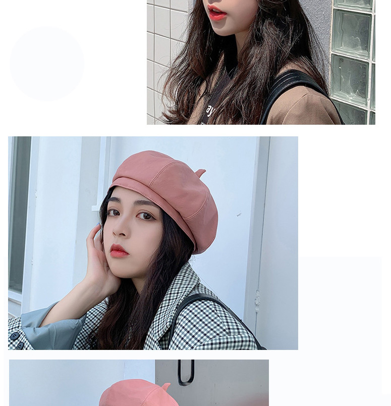 Fashion Beige Leather Solid Color Stitching Octagonal Beret,Knitting Wool Hats