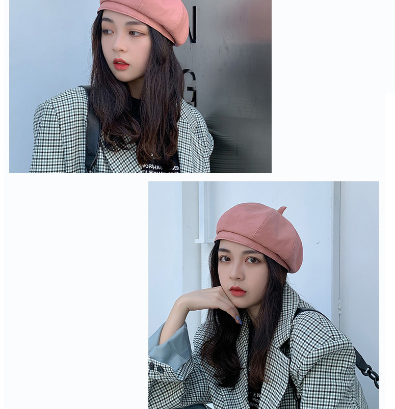 Fashion Skin Powder Leather Solid Color Stitching Octagonal Beret,Knitting Wool Hats
