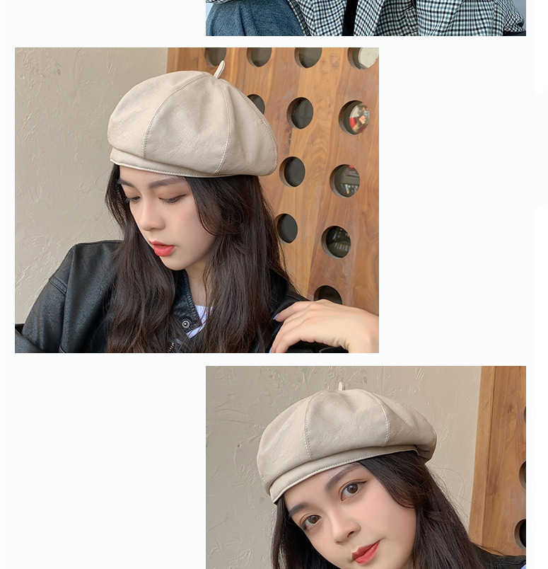 Fashion Khaki Leather Solid Color Stitching Octagonal Beret,Knitting Wool Hats