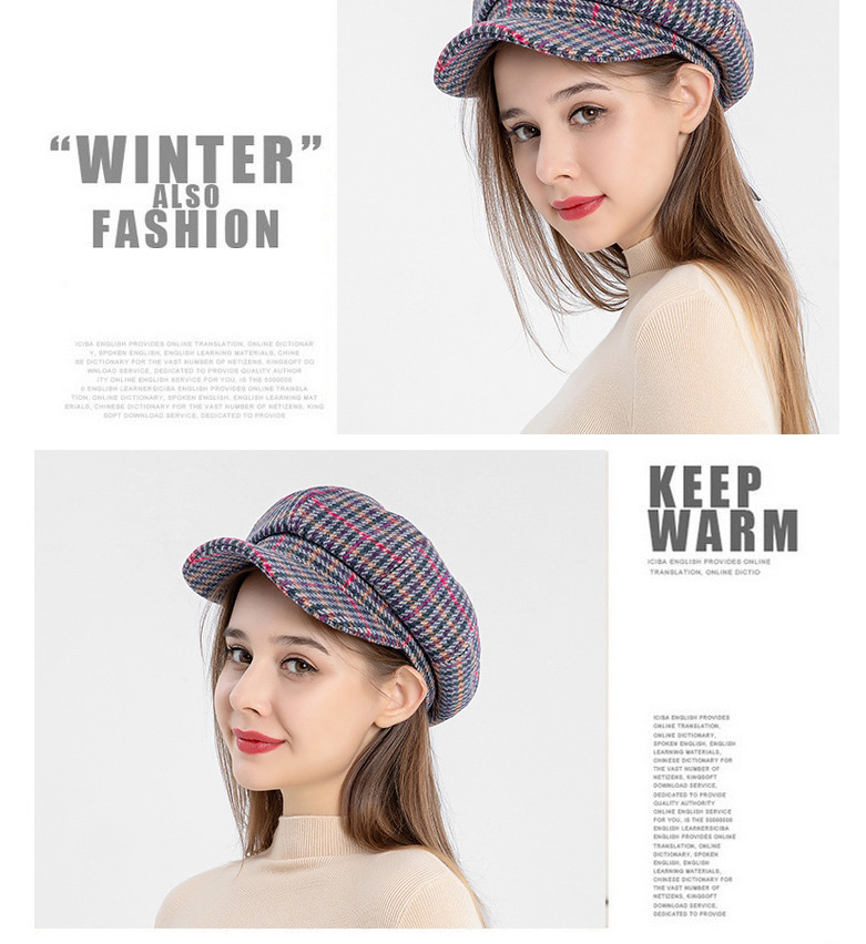 Fashion Colorful Houndstooth Stitching Woolen Octagonal Beret,Knitting Wool Hats