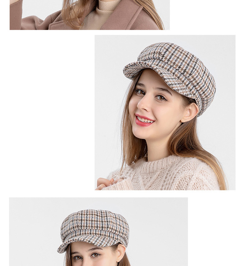 Fashion Coffee Color Houndstooth Stitching Woolen Octagonal Beret,Knitting Wool Hats