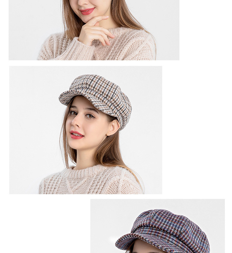 Fashion Beige Houndstooth Stitching Woolen Octagonal Beret,Knitting Wool Hats