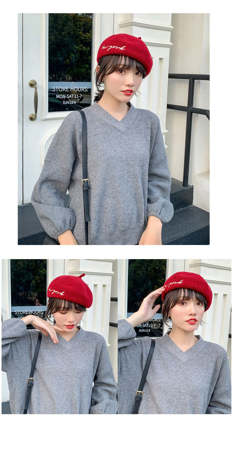 Fashion Red Wine Wool Solid Color Embroidered Letter Beret,Knitting Wool Hats