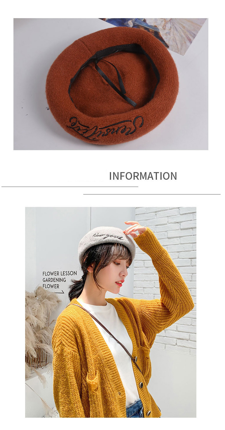 Fashion Khaki Wool Solid Color Embroidered Letter Beret,Knitting Wool Hats
