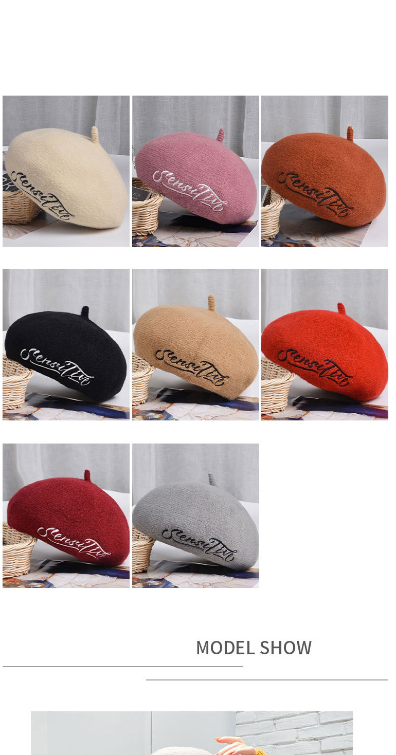 Fashion Skin Powder Wool Solid Color Embroidered Letter Beret,Knitting Wool Hats