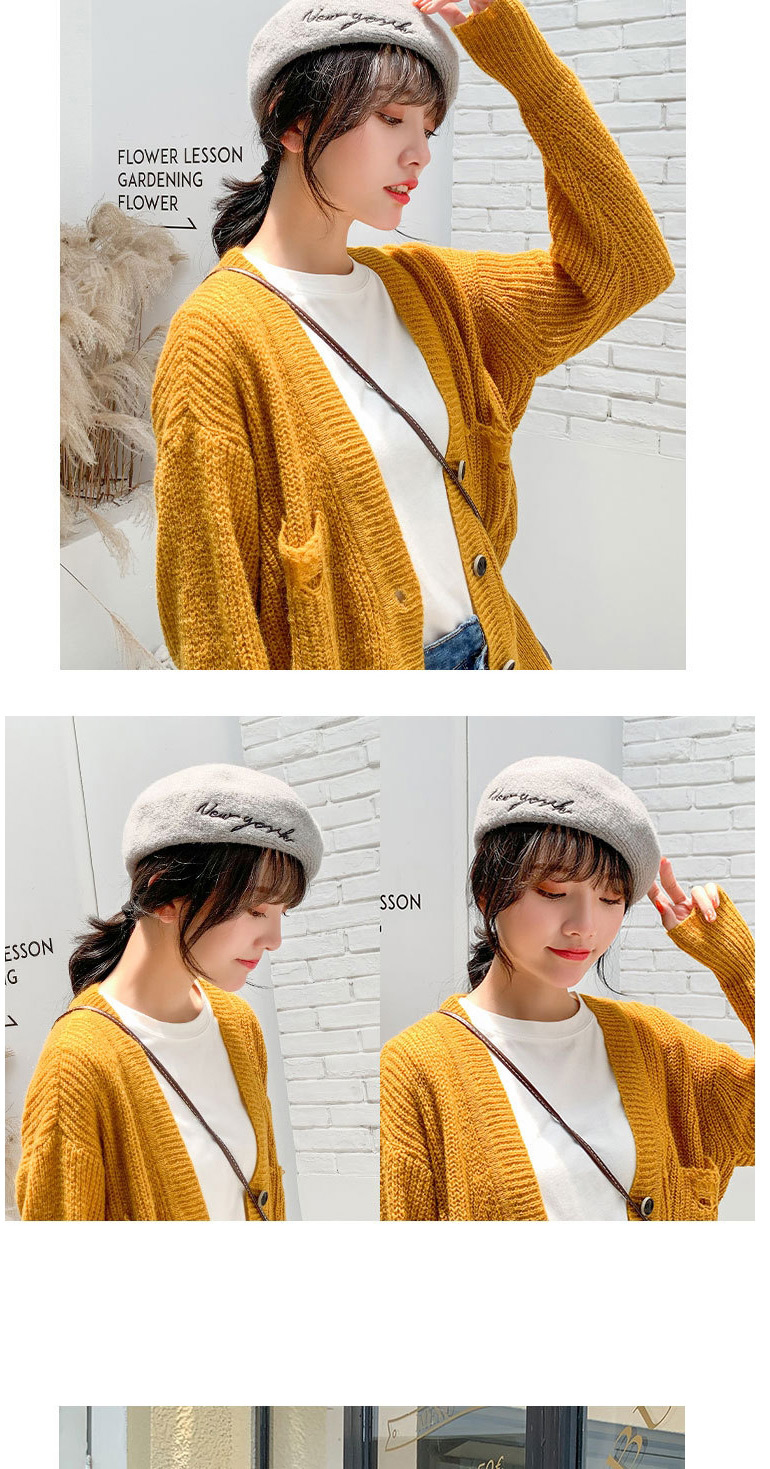 Fashion Gray Wool Solid Color Embroidered Letter Beret,Knitting Wool Hats