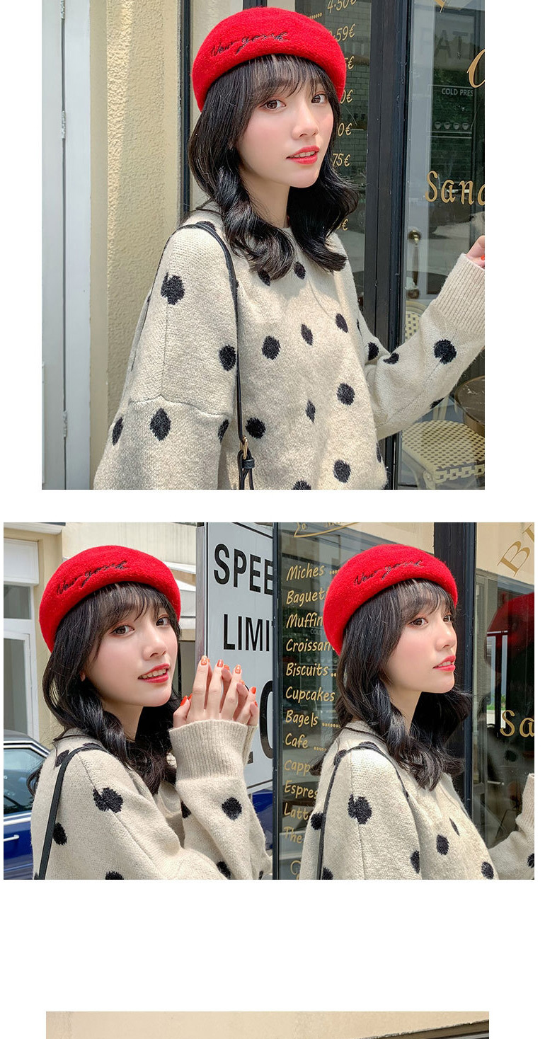 Fashion Big Red Wool Solid Color Embroidered Letter Beret,Knitting Wool Hats
