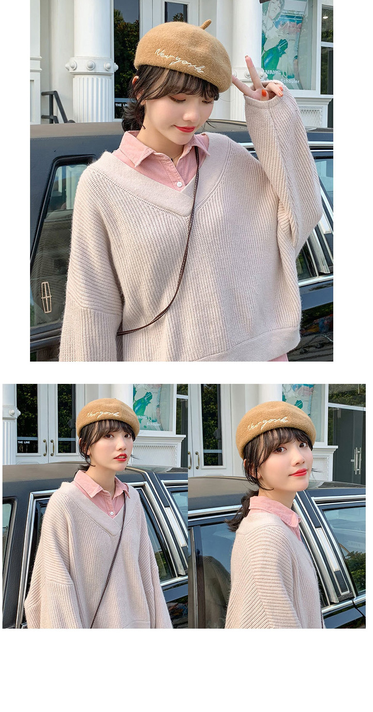 Fashion Gray Wool Solid Color Embroidered Letter Beret,Knitting Wool Hats