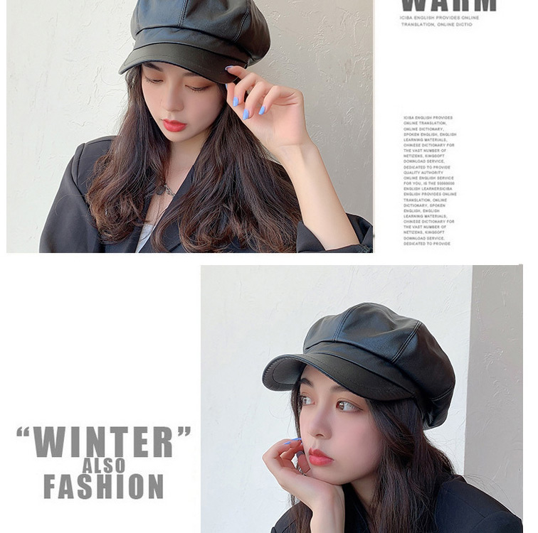 Fashion Black Pu Leather Stitching Octagonal Beret,Sun Hats