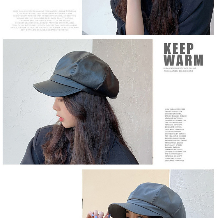 Fashion Black Pu Leather Stitching Octagonal Beret,Sun Hats
