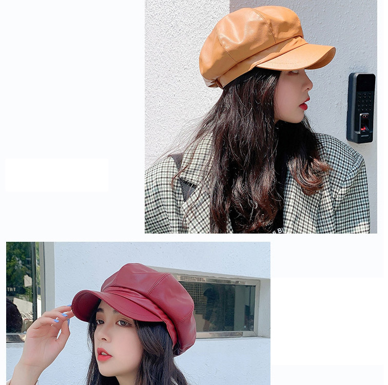 Fashion Beige Pu Leather Stitching Octagonal Beret,Sun Hats