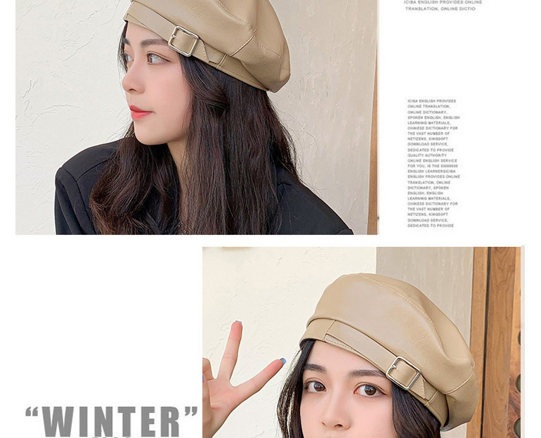 Fashion Black Pu Leather Belt Buckle Solid Color Beret,Knitting Wool Hats