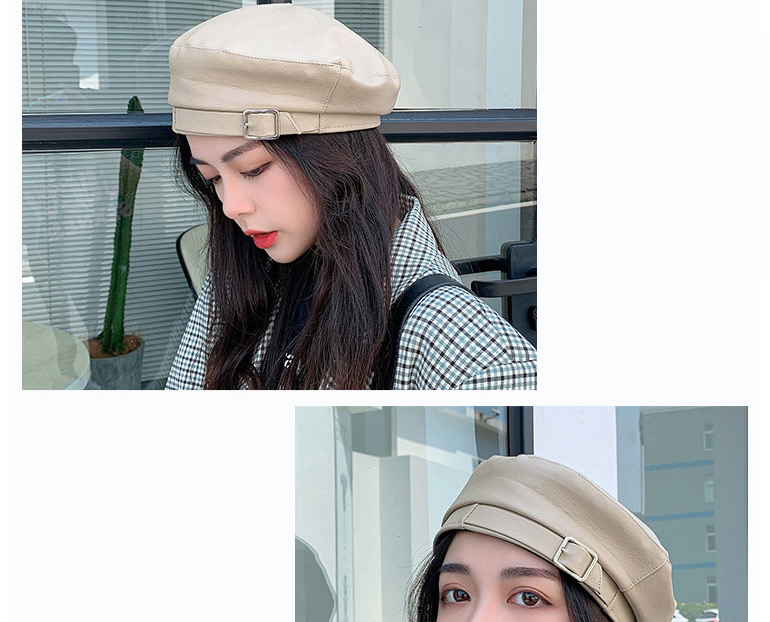 Fashion Khaki Pu Leather Belt Buckle Solid Color Beret,Knitting Wool Hats
