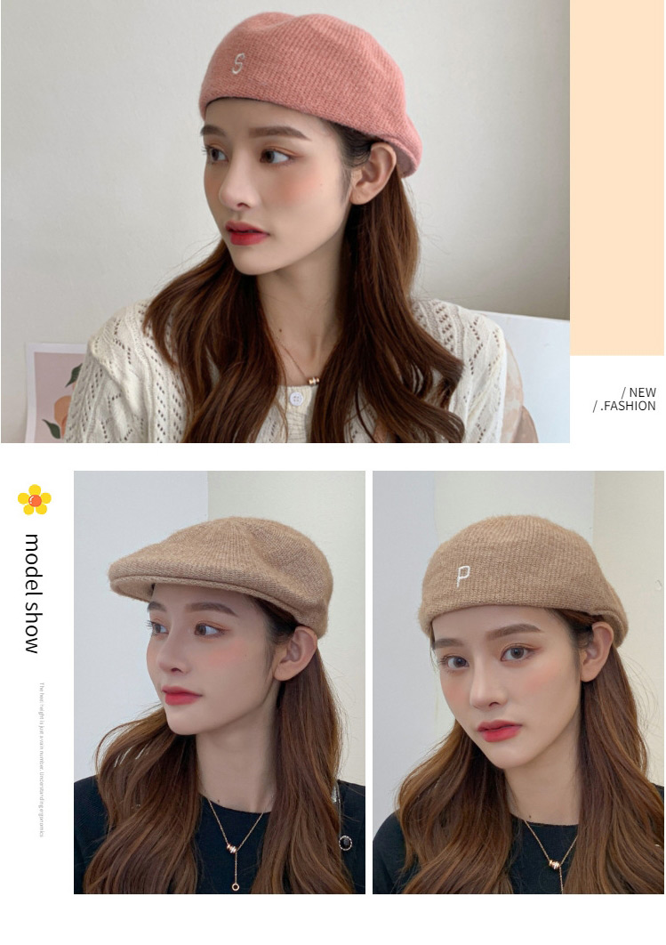Fashion P Khaki Knitted Letter Embroidery Octagonal Beret,Knitting Wool Hats