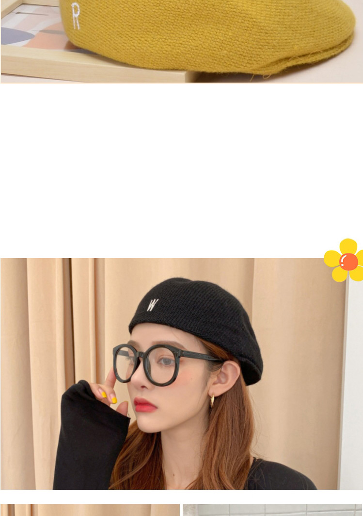 Fashion W Black Knitted Letter Embroidery Octagonal Beret,Knitting Wool Hats