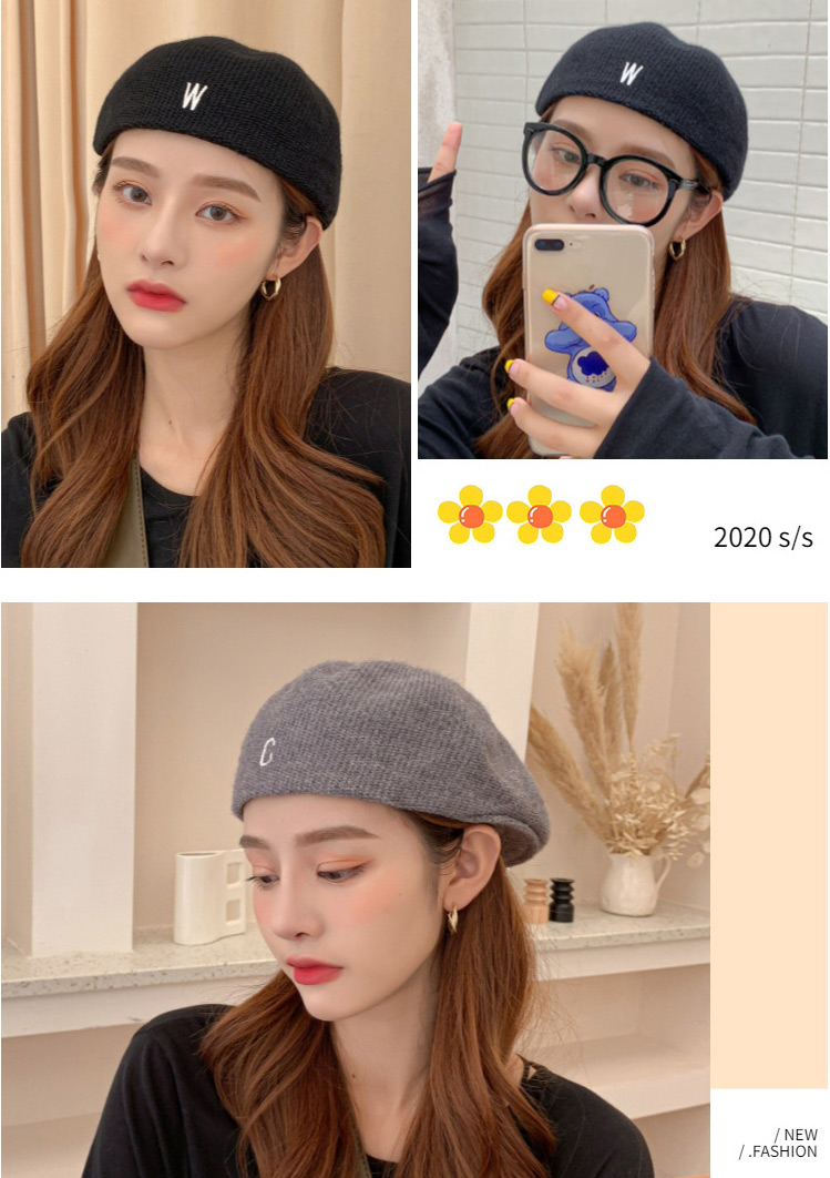 Fashion W Black Knitted Letter Embroidery Octagonal Beret,Knitting Wool Hats