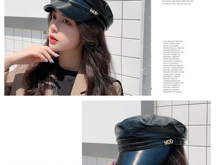 Fashion Black Flat Top Bright Leather Diamond Letter Octagonal Beret,Sun Hats