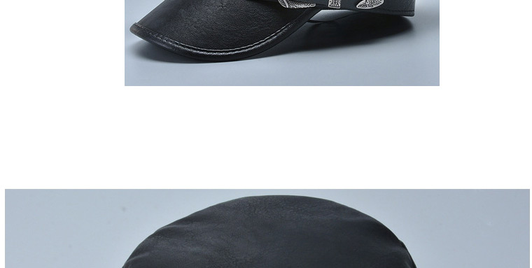 Fashion Leather Cap Black Solid Color Octagonal Hat With Leather Belt Buckle,Sun Hats