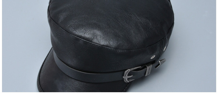 Fashion Leather Cap Black Solid Color Octagonal Hat With Leather Belt Buckle,Sun Hats