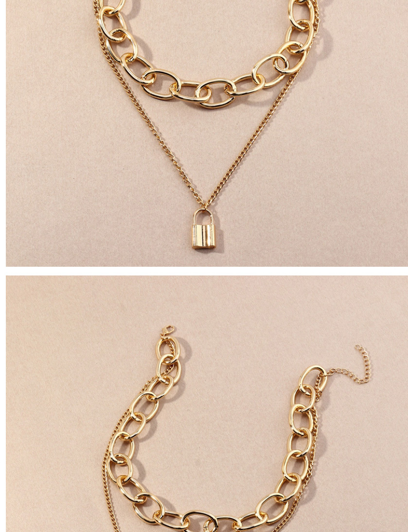 Fashion Silver Color Alloy Thick And Thin Chain Lock Shape Pendant Double Necklace,Chains