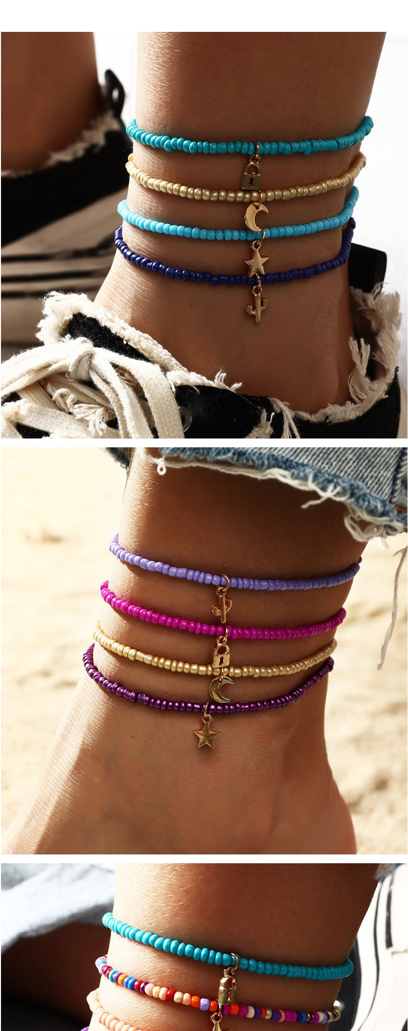 Fashion Red And White Lock Shaped Geometric Pendant Hand Woven Rice Bead Multilayer Anklet,Fashion Anklets