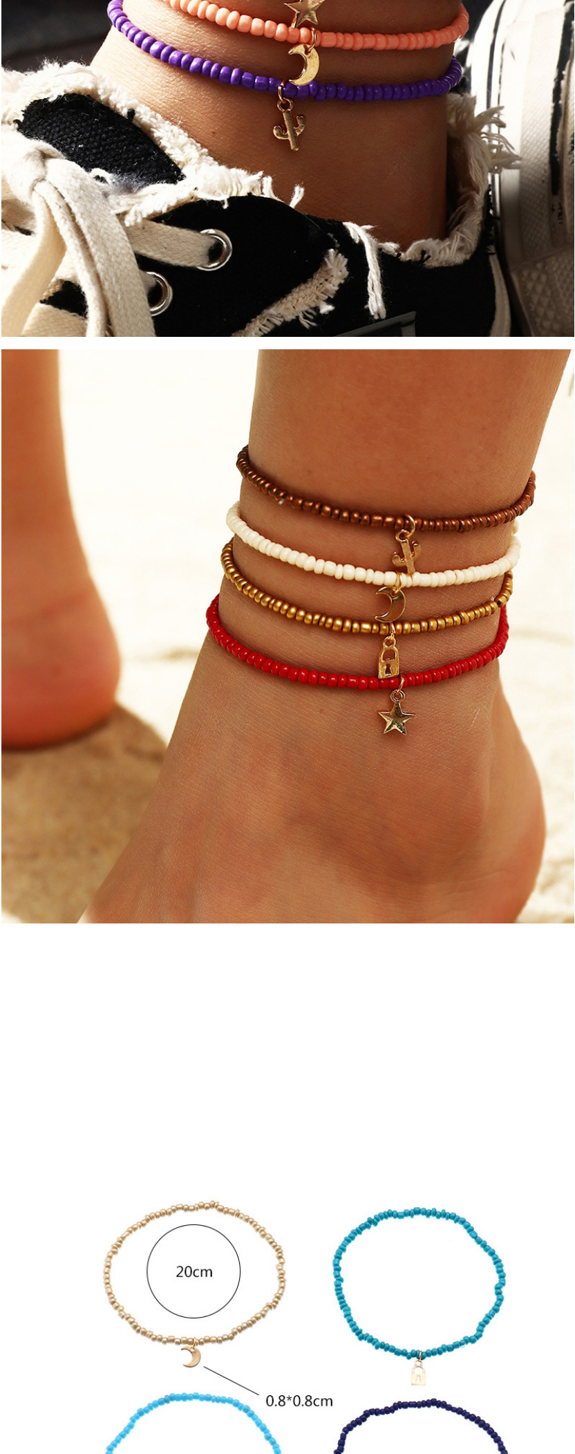 Fashion Red And White Lock Shaped Geometric Pendant Hand Woven Rice Bead Multilayer Anklet,Fashion Anklets