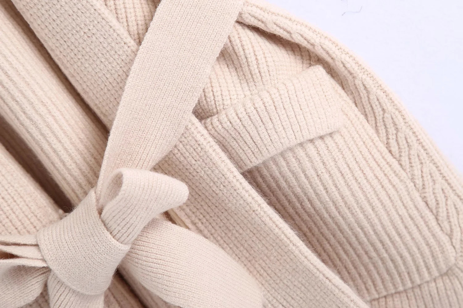 Fashion Apricot Solid Color Knitted Vest With Belt And Lapel,Sweater