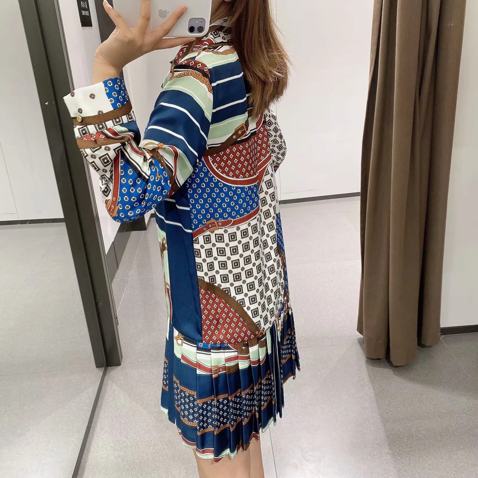 Fashion Color Printed Small Pleated Contrast Dress,Long Dress