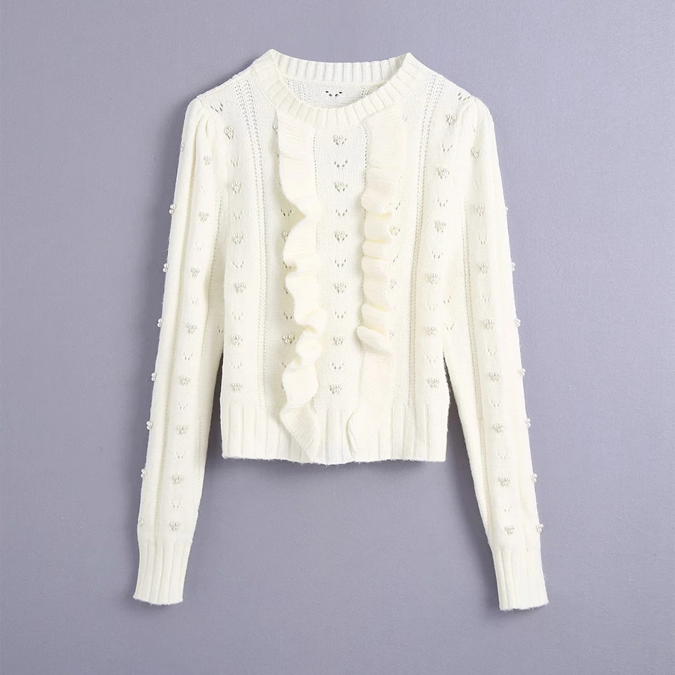 Fashion White Faux Pearl Fungus Round Neck Sweater,Sweater