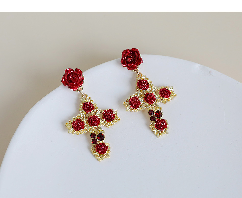 Fashion Gold Color Matte Alloy Rhinestone Cross Flower Earrings,Drop Earrings