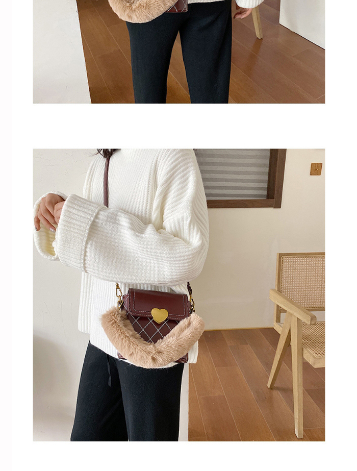 Fashion Brown Embroidered Rhombus Plush Love Lock Shoulder Messenger Bag,Handbags