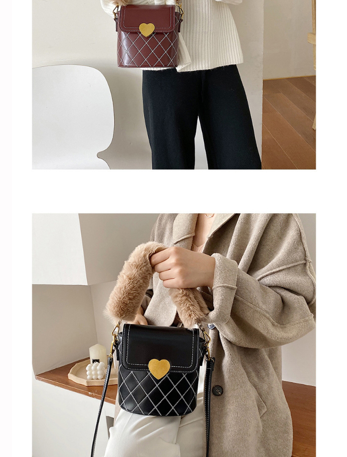 Fashion Brown Embroidered Rhombus Plush Love Lock Shoulder Messenger Bag,Handbags