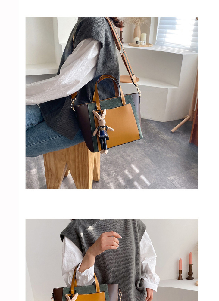 Fashion Yellowish Brown Contrast Stitching Large Capacity Shoulder Bag,Handbags