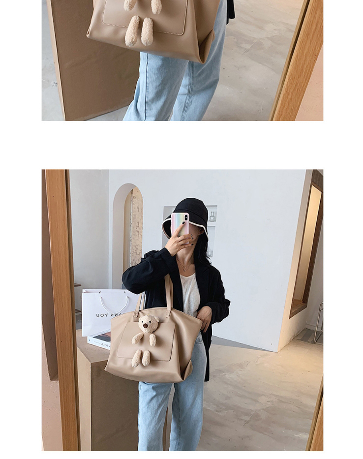 Fashion Khaki Large-capacity Bear Doll Stitching Contrast Color Shoulder Bag,Handbags