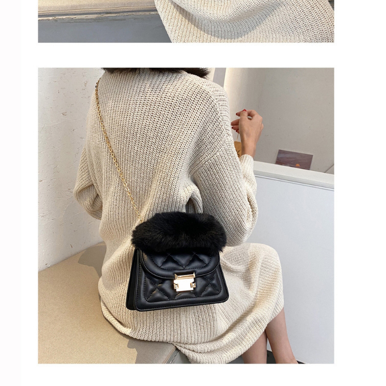 Fashion Black Pure Color Rhombus Plush Chain Shoulder Messenger Bag,Handbags