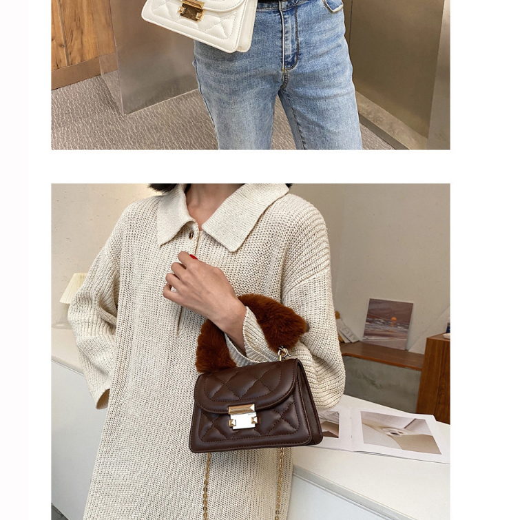 Fashion Coffee Color Solid Color Rhombus Plush Chain Shoulder Messenger Bag,Handbags