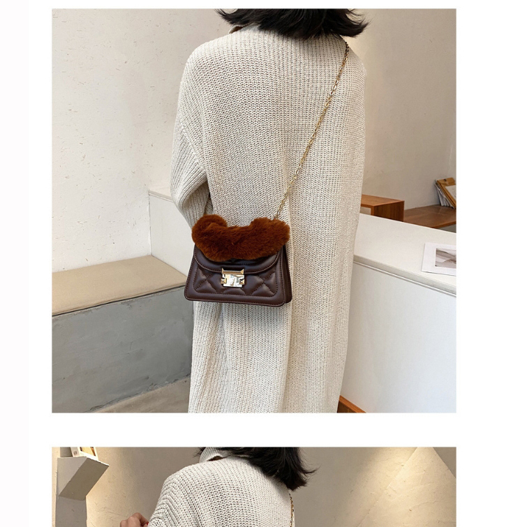 Fashion Coffee Color Solid Color Rhombus Plush Chain Shoulder Messenger Bag,Handbags