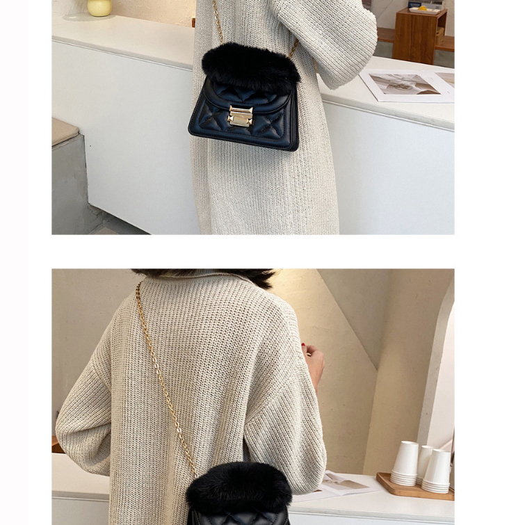 Fashion Black Pure Color Rhombus Plush Chain Shoulder Messenger Bag,Handbags