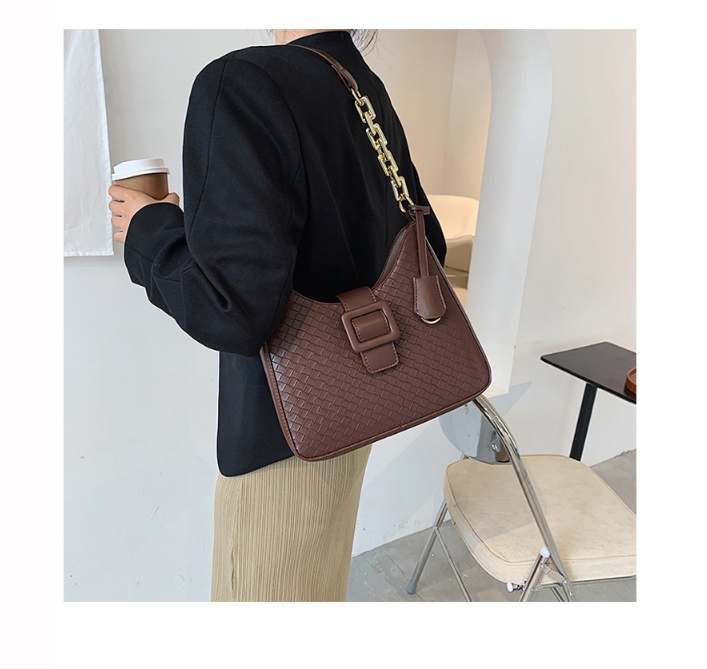 Fashion Coffee Color Woven Solid Color Chain Crossbody Bag,Handbags