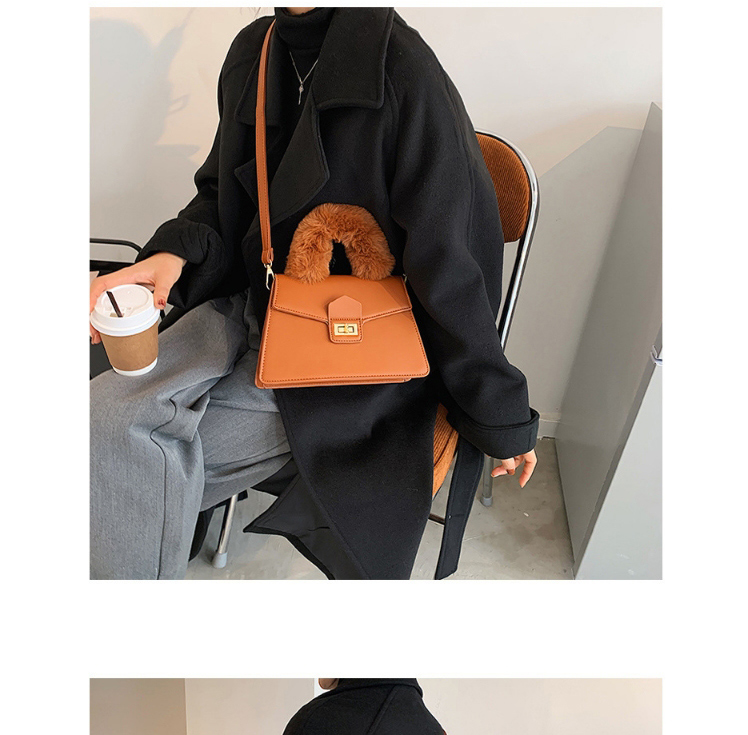 Fashion Brown Plush Lock Solid Color Diagonal Shoulder Bag,Handbags
