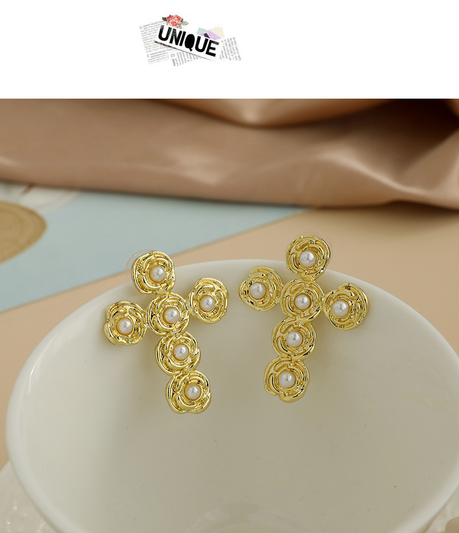 Fashion Gold Color Alloy Pearl Flower Cross Stud Earrings,Stud Earrings