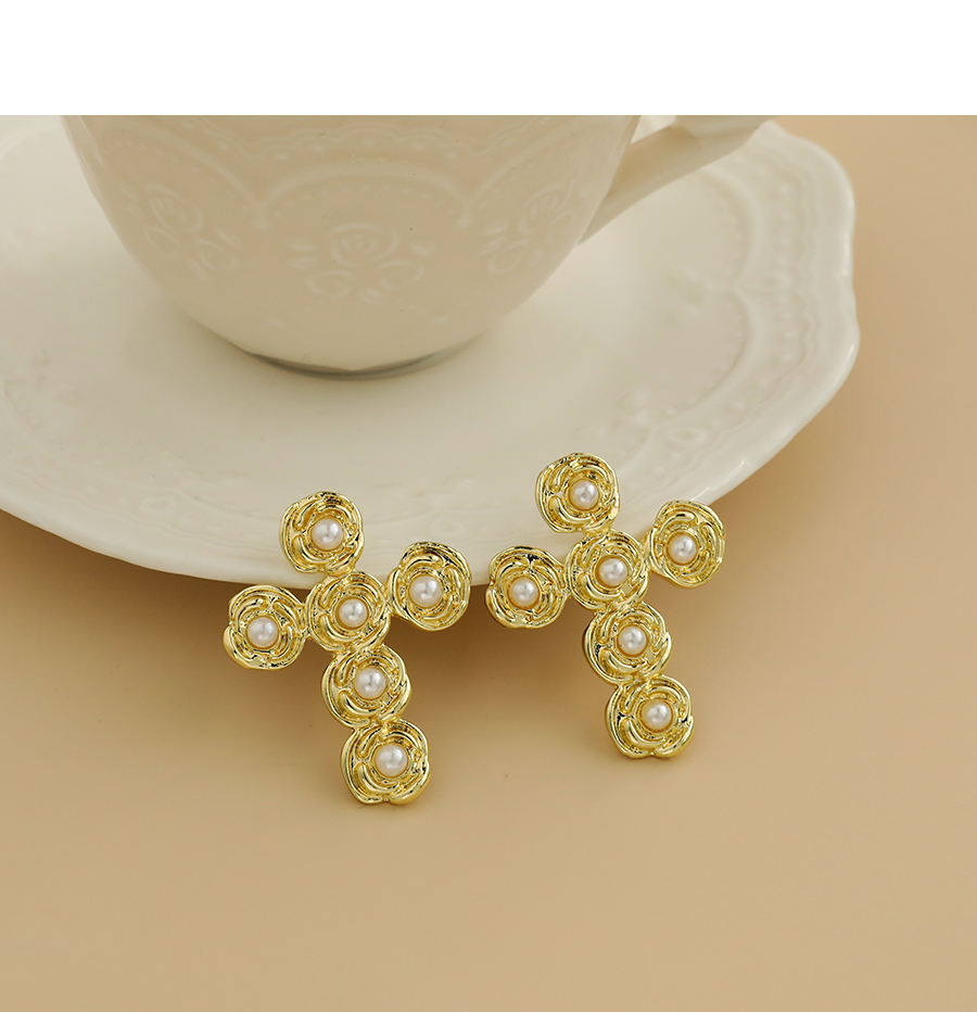 Fashion Gold Color Alloy Pearl Flower Cross Stud Earrings,Stud Earrings