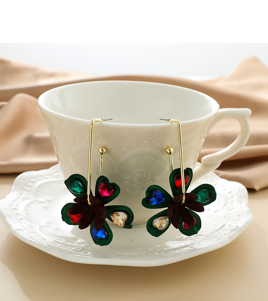 Fashion Green Alloy Diamond Flower Earrings,Stud Earrings
